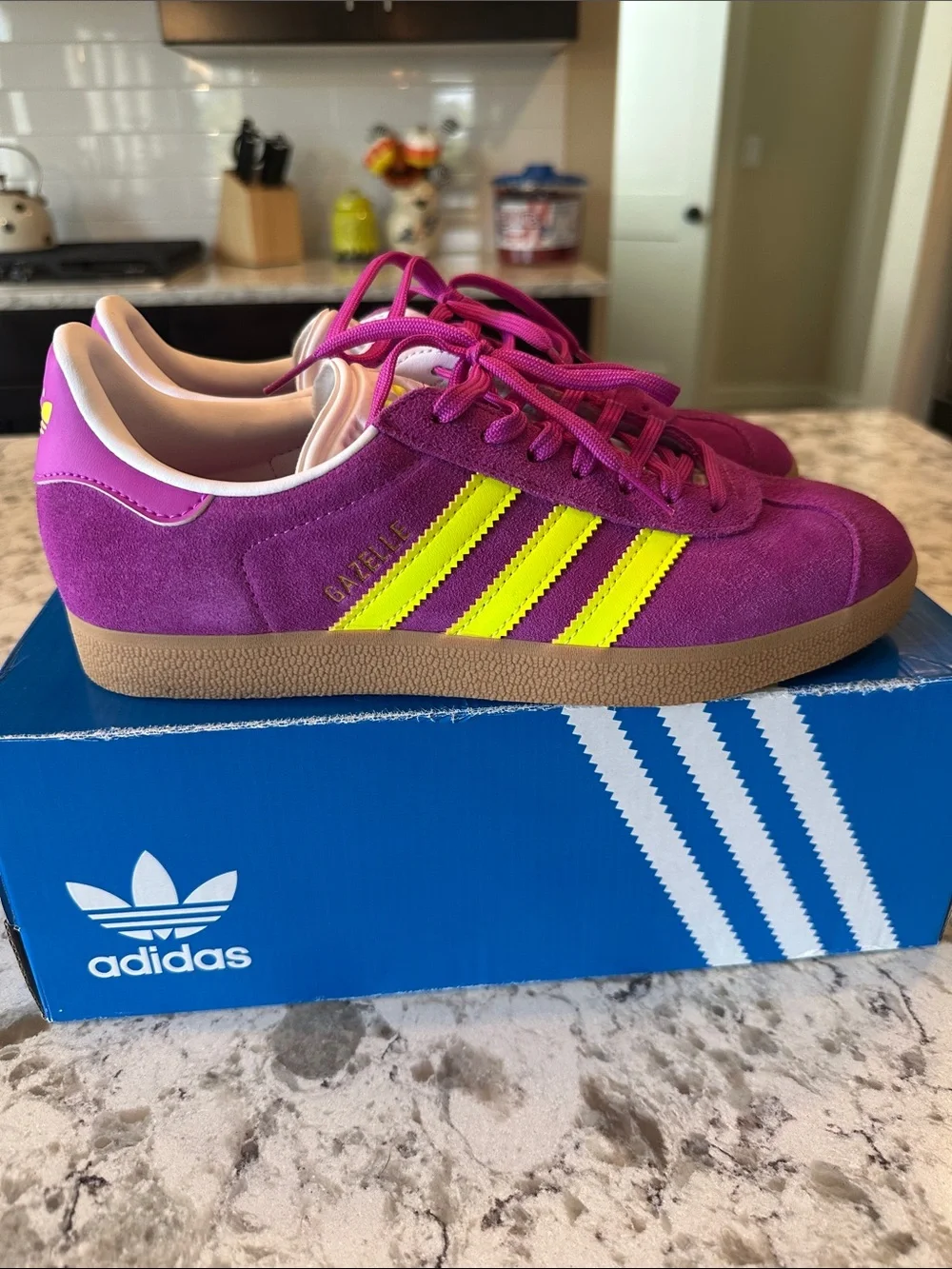 NWT Women’s Adidas Gazelle Sneakers in purple burst & solar yellow. Size 8.5